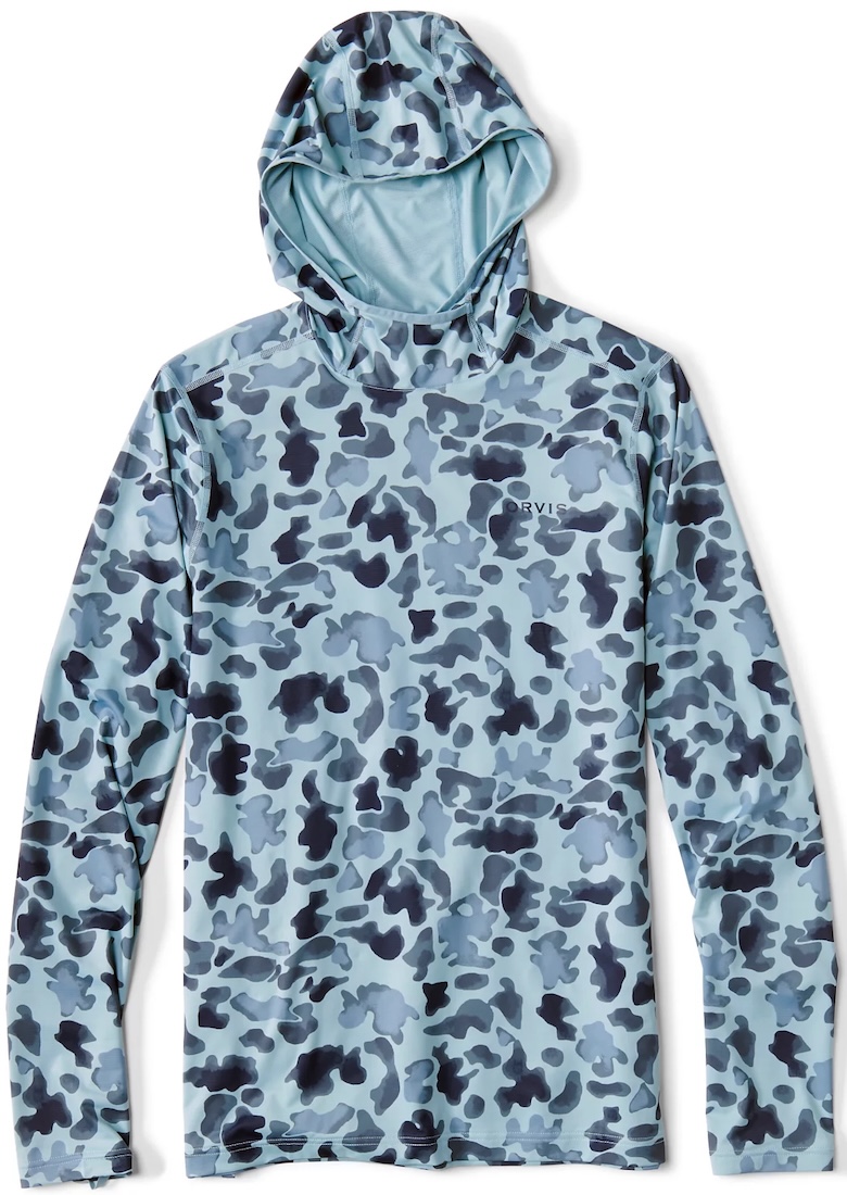 Orvis Sun Defense Printed Hoodie Sunshirt UPF 50+ protection solaire chemise blue watercolor camo