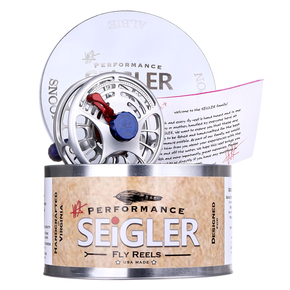 Moulinets de mouche Seigler silver, red & blue