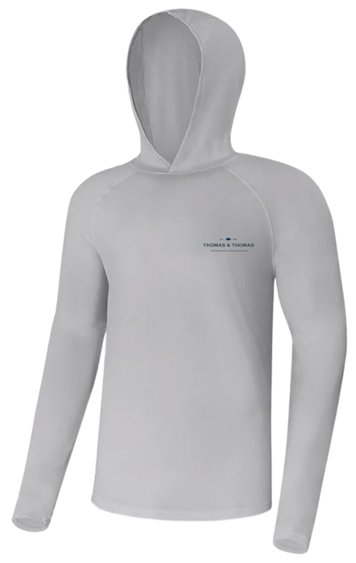 Thomas & Thomas Steel Grey Tech Hoody with Brown & Rainbow Trout on back UPF30+ Protection solaire